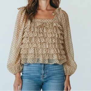 Versona Sheer Ruffle (lined body) Polka Dot Blouse XS